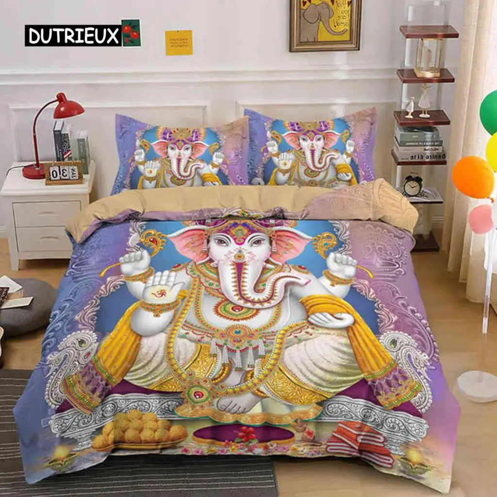 

Ganesha Duvet Cover Set Bohemian Elephant Bedding Set Microfiber Bedclothes Double Queen King Size Quilt Cover for Teens Adults