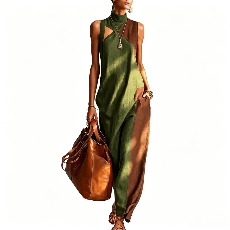 Women Color Block Maxi Dress Mock Neck Sleeveless Side Cutout Patchwork Loose Long Dress Boho Vintage Vacation Sundress