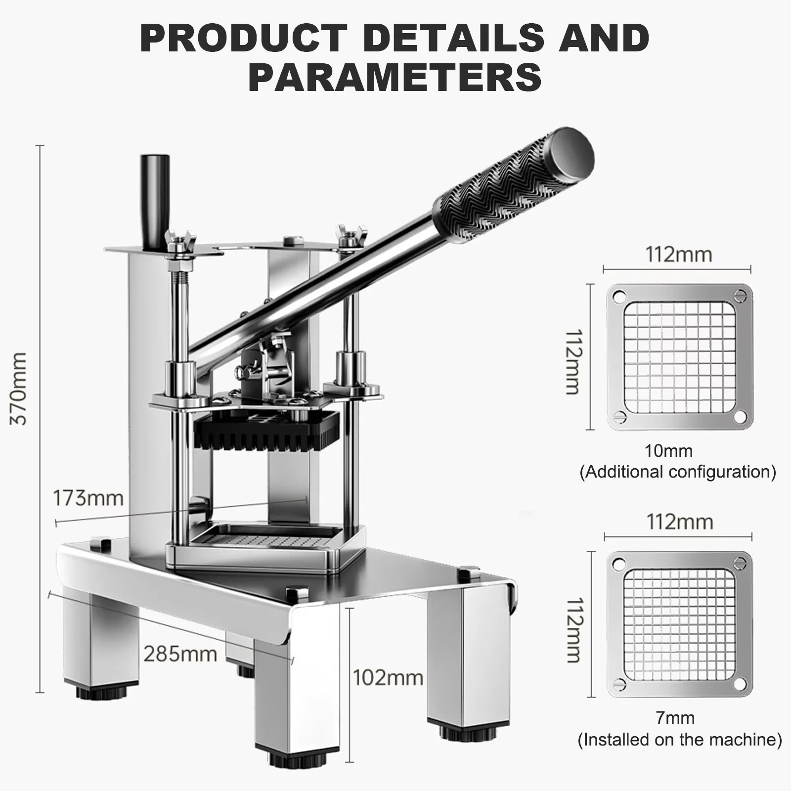 Vertikaler Pommes-Frites-Schneider aus Edelstahl, Manueller Kartoffelschneider, Professioneller Lebensmittelwürfelschneider, Gemüseschneider mit 7/10mm Klingen für Kartoffeln, Karotten, Zwiebeln, Küchenwerkzeug – Detail 8