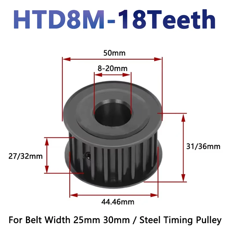 

1pcs 18 Teeth HTD 8M Steel Timing Pulley HTD8M Synchronous Wheel for Belt Width 25/30mm Bore 8/10/12/14/15-20mm Drive Pulley