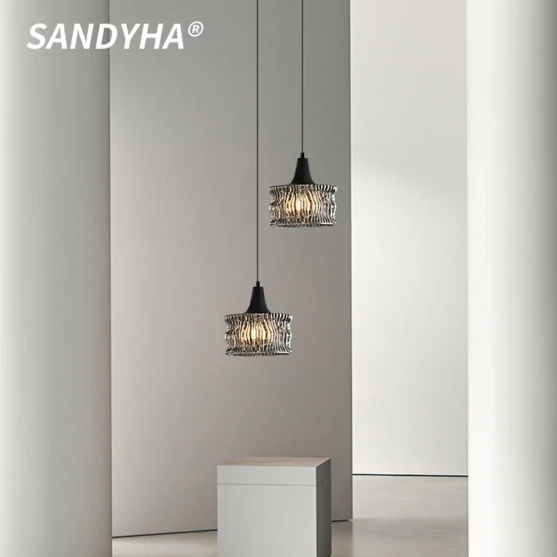 

SANDYHA Italian Minimalist Pendant Light Bedroom Bedside Lamp for Living Room Dining Table Lighting Water Ripple Glass Lampshade