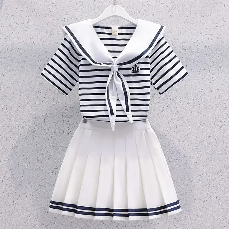 Girls Summer Casual Striped Sailor Collar Short Sleeve Suits 4 6 8 10 12 14 Years Girls JK Style Fashion Tops+Skirts 2pcs Sets