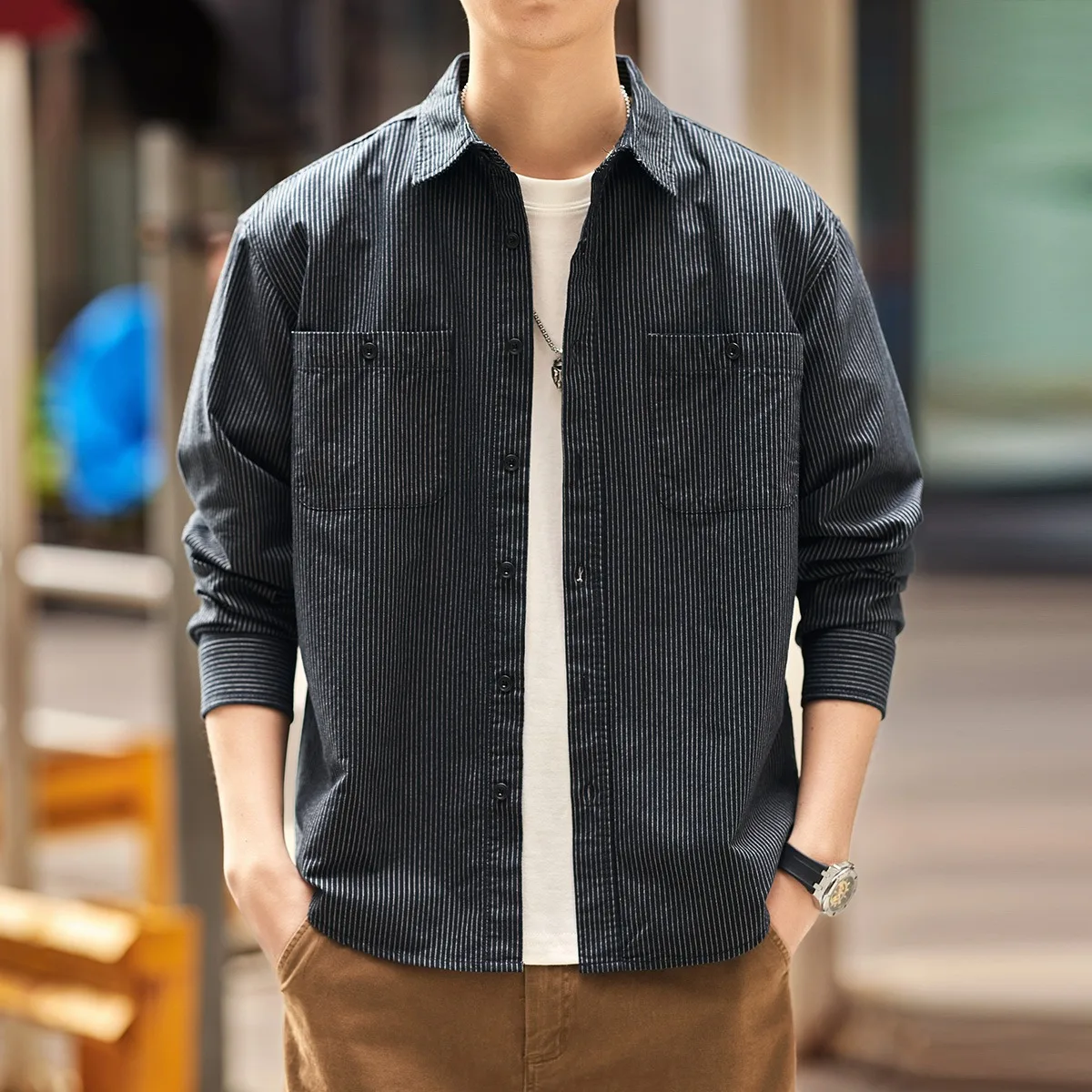 

American Retro Striped Shirt Men's Spring Autumn Long Sleeve Casual Loose Versatile Collared Shirt Jacket Trendy Polyester