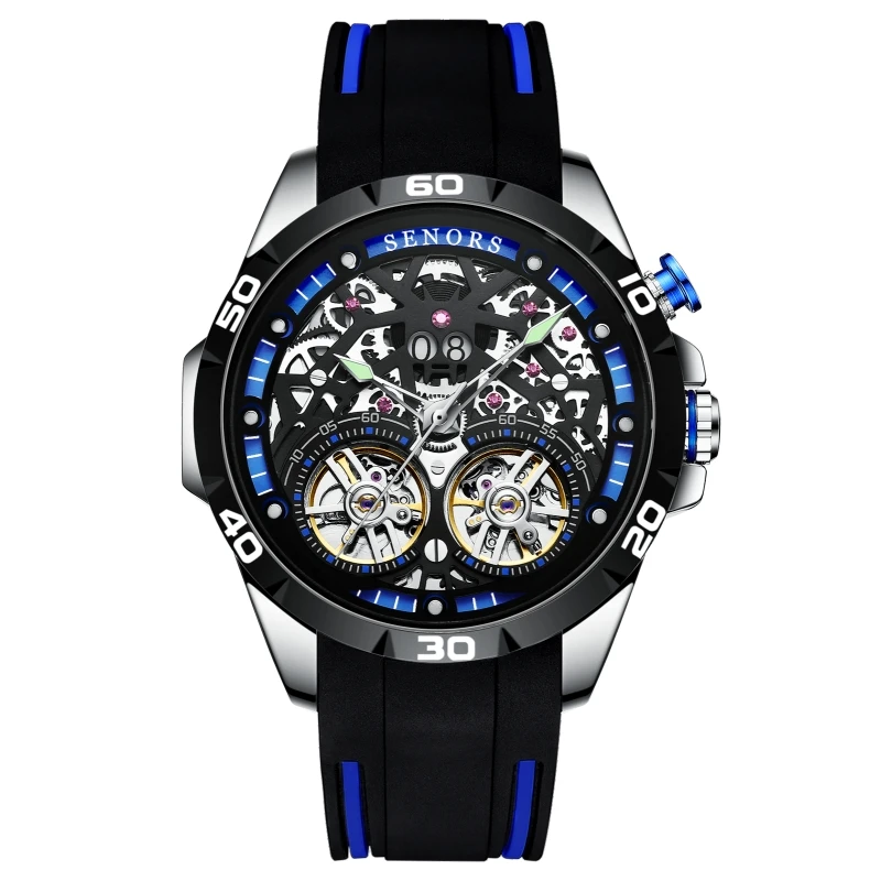 SENORS SN202 Men`s Watch Automatic Mechanical Watches Men Skeleton Double Tourbillon Sapphire Glass Clock Hollow Wristwatch 3ATM