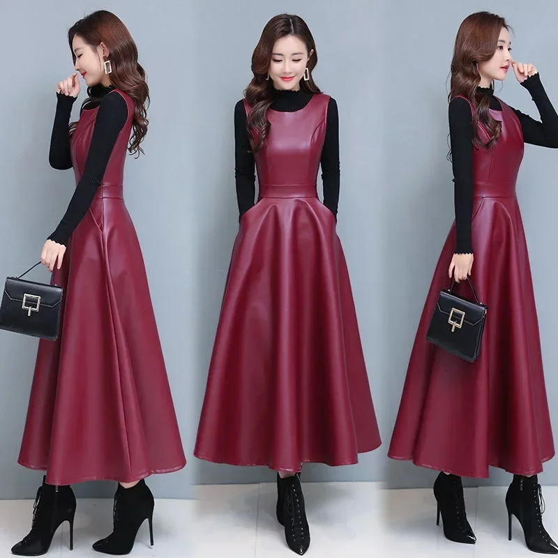 Sleeveless PU Leather Tank Dress Women With Pockets Autumn And Winter Fashion Office A-Line Party Long Maxi Dress Ladies C235