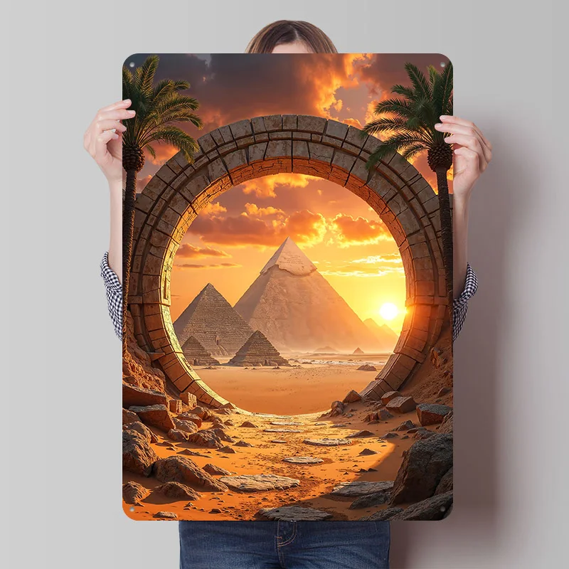 Ägyptische Pyramiden durch Stein-Sternenportal Poster, personalisierte Vintage-Metallschilder, Wandkunst, Retro-Blechschild für Heimdekorationen