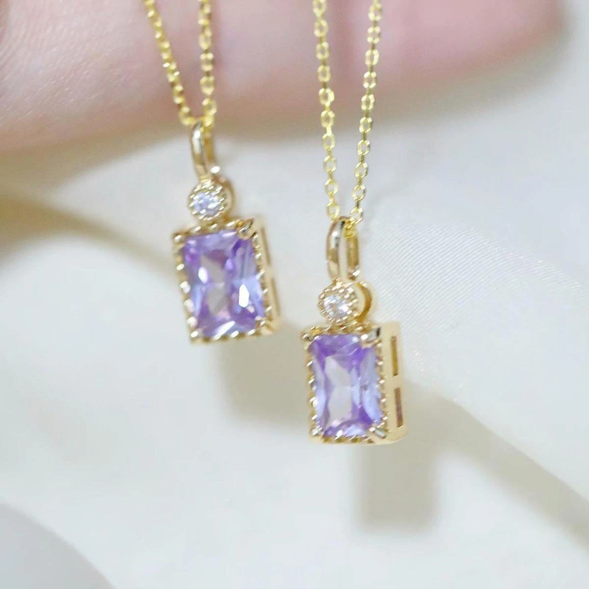 9K Solid Gold Violet Tanzanite Square Pendant Chain Solitaire Diamond Necklace Lavender Gemstone Silver Bespoke Gem High Jewelry