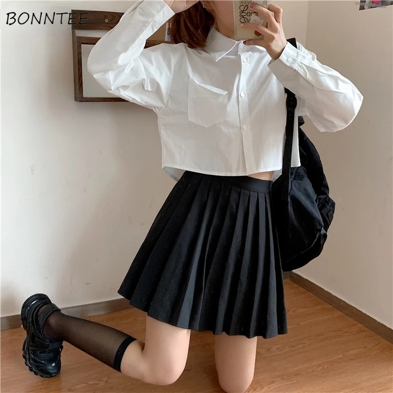 

Cropped White Shirts Women Pocket Design Long-sleeve Spring Students Daily Korean Style New Leisure Inside Simple All-match Cozy