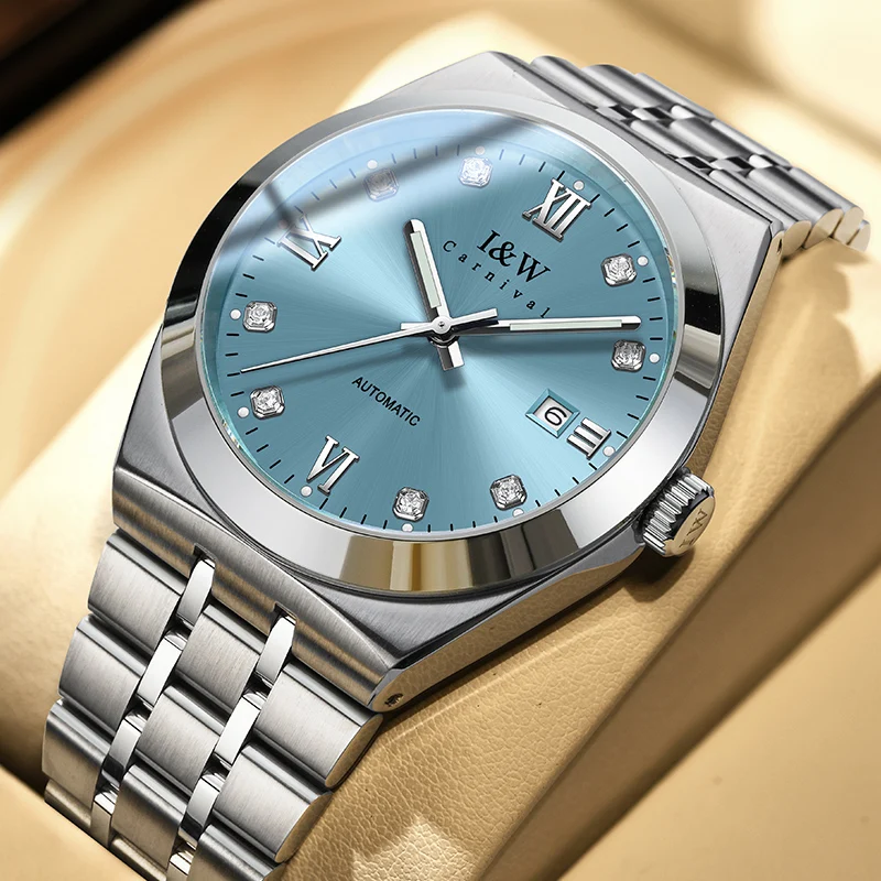 CARNIVAL Brand IW High-End Luxury Imported Movement Mechanical Watch Men Stainless Steel Waterproof Fashion Grey Mens Watches