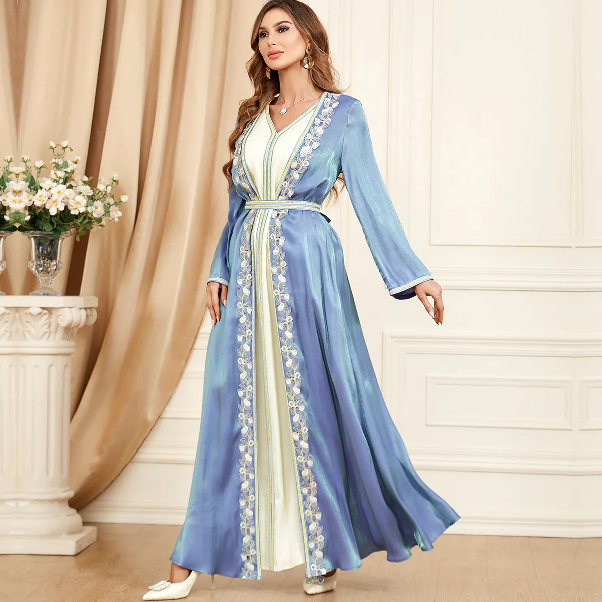 Ramadan Satin Caftan Marocain Femme 2 Piece Abaya Set for Muslim Women Chic Appliques Belted Robe Arabic Africano Mujer