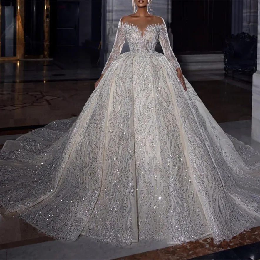 

Luxury Wedding Dresses Long Sleeves V Neck Shiny Beaded Sequins Appliques Ruffles Fold Ball Gown Bridal Gowns Vestido De Novia