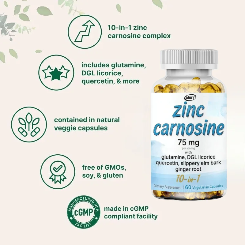 Men's and Women's 10 in 1 Zinc Supplement Capsules Contain Glutamine, DGL Licorice, Quercetin, Smooth Elm Bark, and Ginger Root
