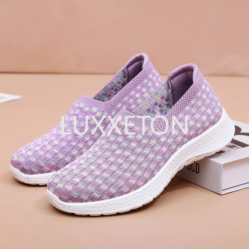 2024 Spring and Autumn Season Thick Sole Women\'s Knitted Round Head Shallow Mouth Lefu Shoes Fashionable One Step Lazy Shoes