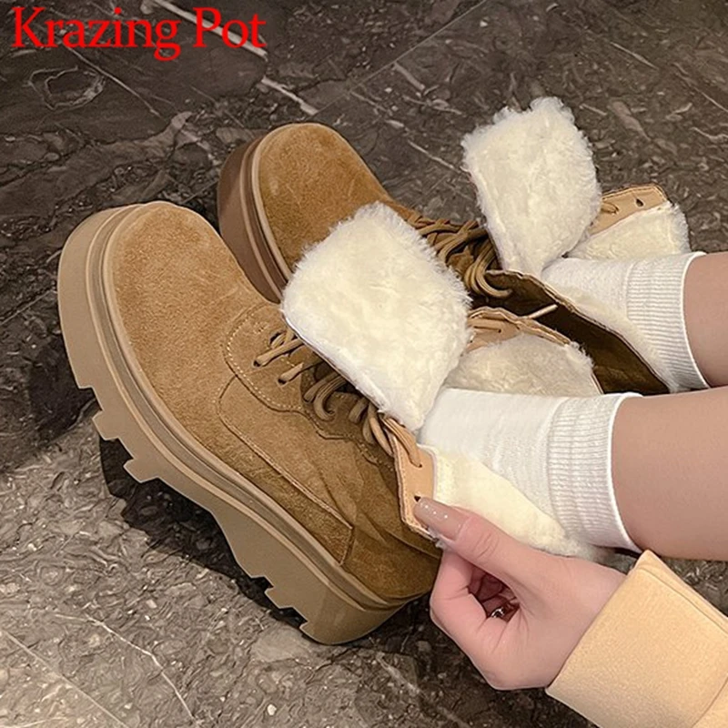 

Krazing Pot Wool Cow Suede Lace Up Round Toe Thick High Heels Snow Boots Keep Warm Platform Winter Shoes Fur Brand Ankle Boots