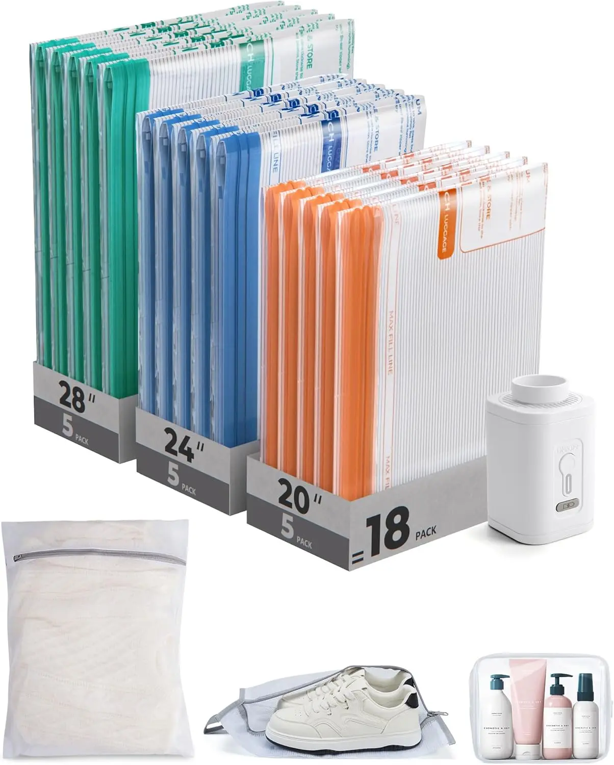 

Перезаряжаемые вакуумные пакеты для хранения для путешествий и дома, портативные, экономящие место, 18 штук, разноцветные