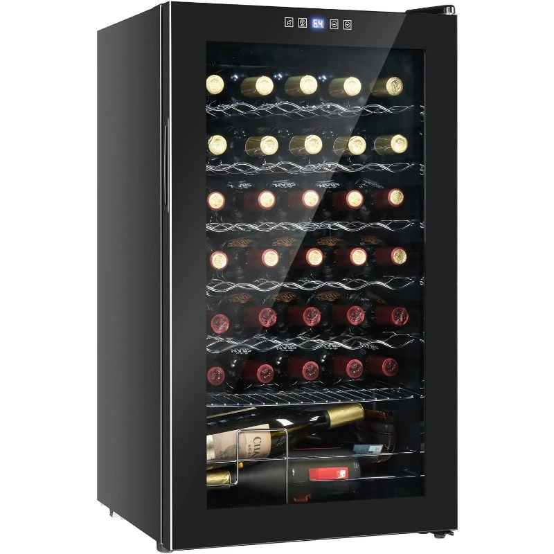 34 Bottle Wine Cooler Refrigerator, Freestanding Compressor Wine Chiller  Door for Red White Wine, Champagne, Beer