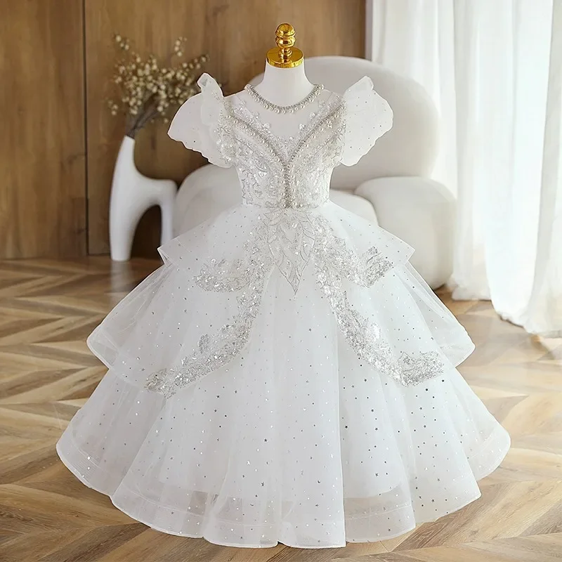 

GUXQD White Elegant Baby Flower Girl Dresses Sequins Pearls Children Princess Prom Birthday Party Gowns