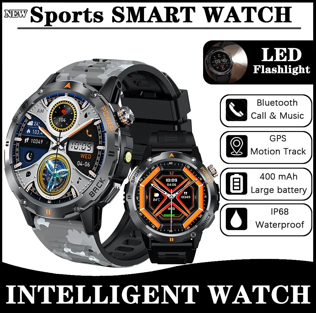 New Sports Smart Watch Men LED Flashlight Compass IP68 Waterproof HD Bluetooth Call Health Monitoring Outdoor Smartwatches 2025