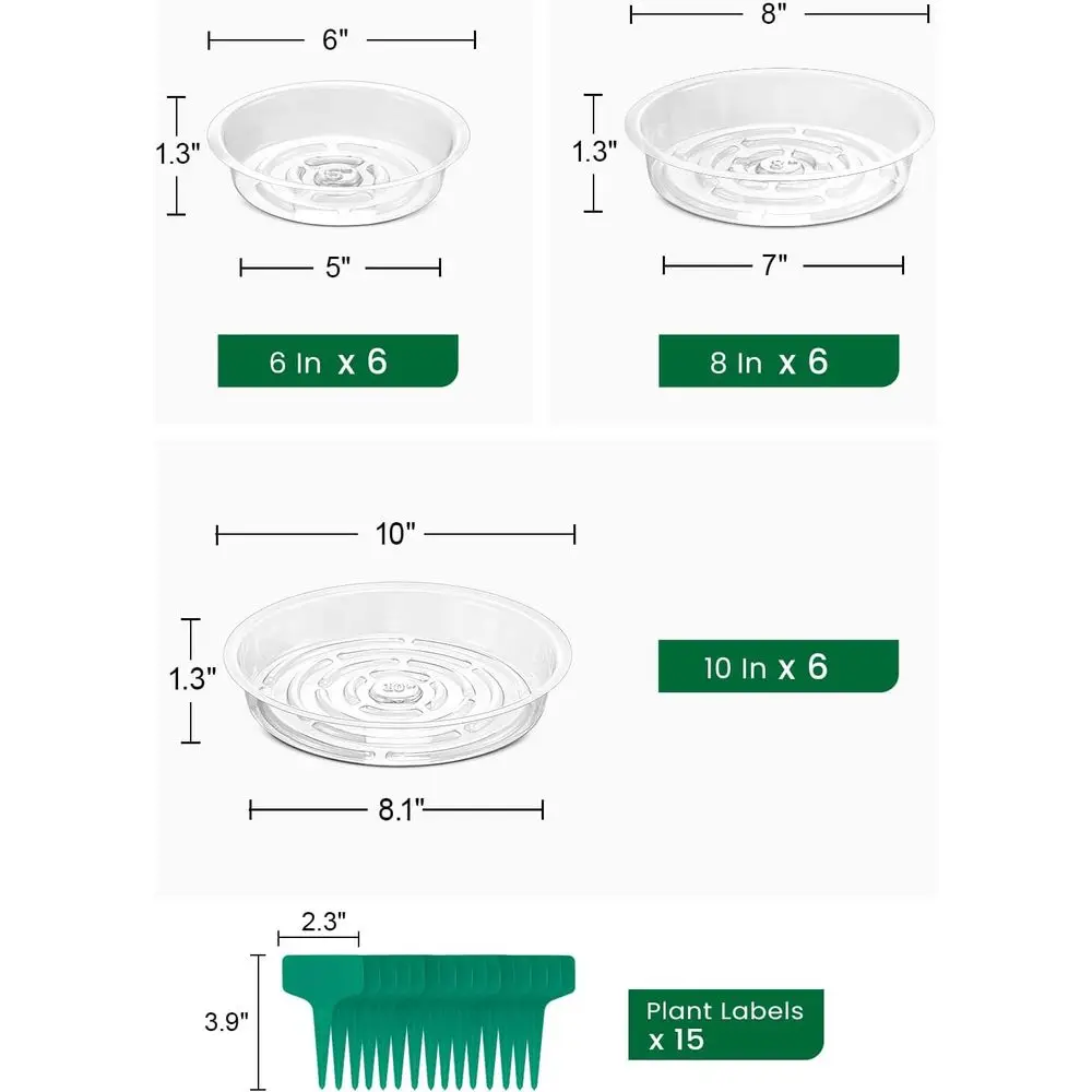 6, 8, 10 Inch Clear Plant Saucers Set of 15, Including 15 Labels for Indoor/Outdoor Garden Use