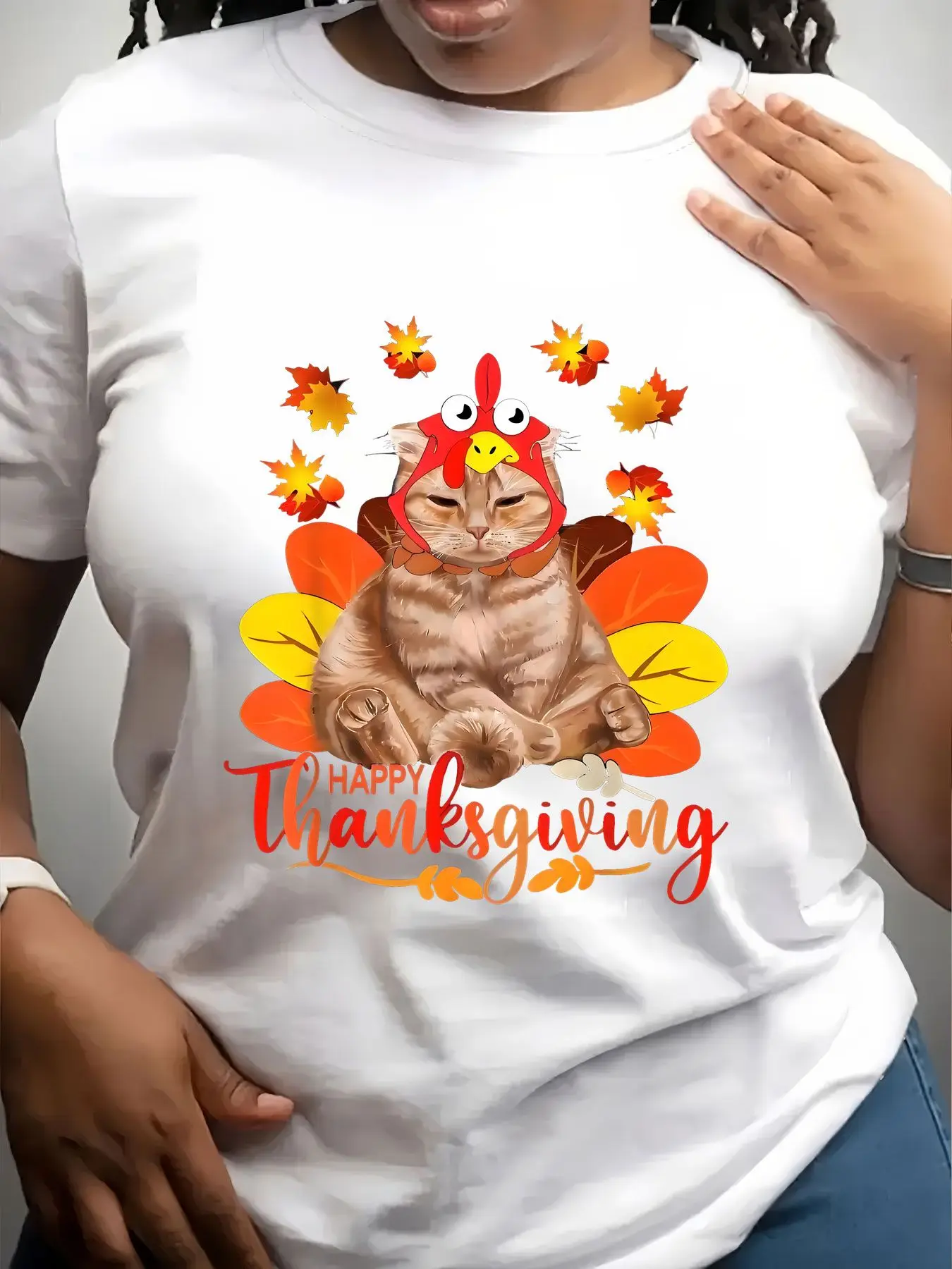 Women's Trendy Crew Neck T-Shirt Cat Wearing Turkey Hat Design Suitable for Casual Sportswear