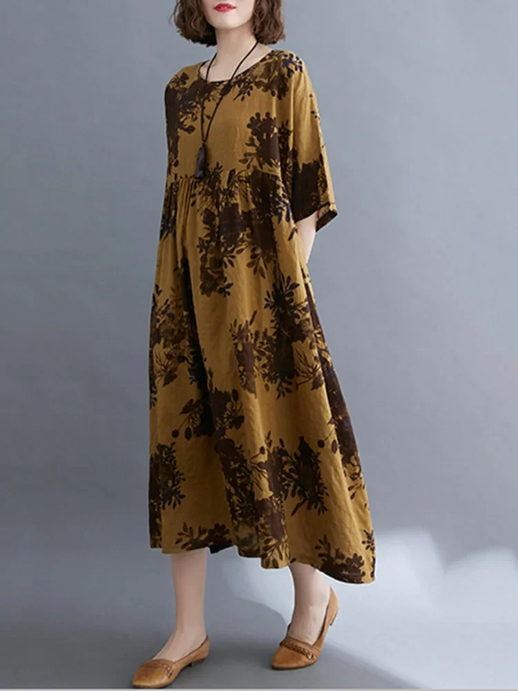 Manga corta de algodón de gran tamaño vintage floral nuevo en vestidos para mujeres casual suelto vestido largo de verano ropa elegante 2025