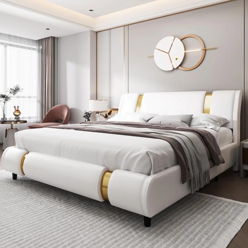 

Modern Faux Leather Upholstered Platform Bed Frame with Golden Iron Metal Decor, Adjustable Curved Headboard