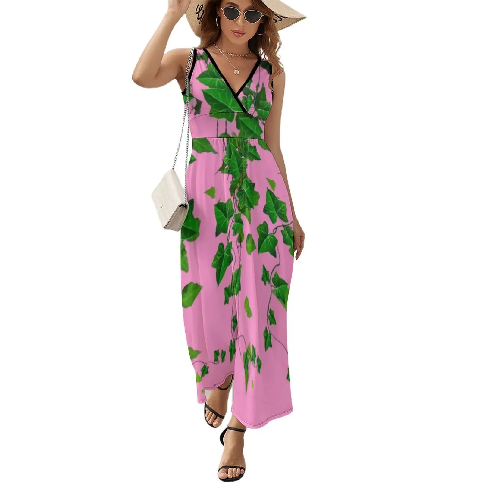 GREEN IVY HANGING LEAVES VINES PINK ART Sleeveless Dress luxury evening dresses 2023 summer dress for women 2023