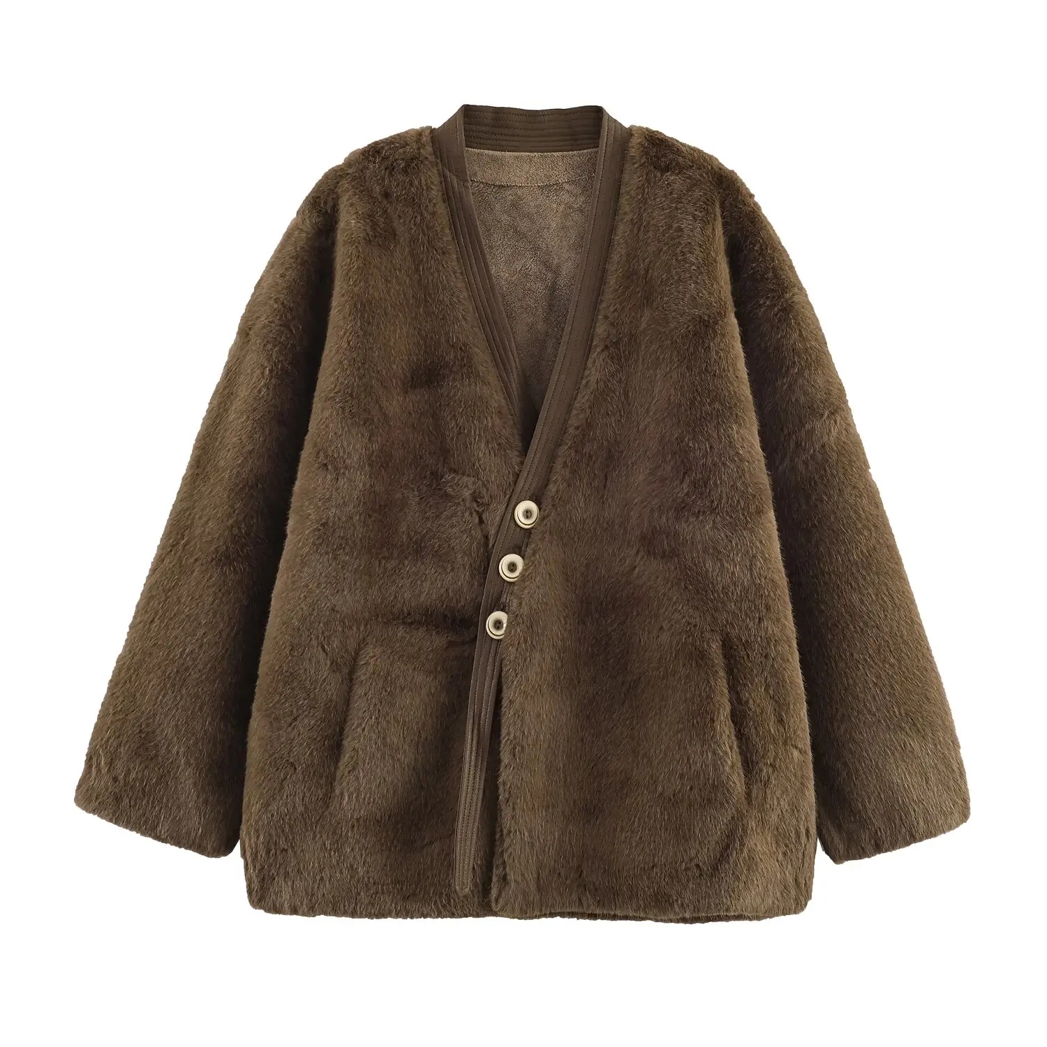 JNLEAOG Women's Faux Fur Jaet Tee-Button Patchwork Leather V-Ne Long Sve Polyester Fiber Coat for Autumn Season