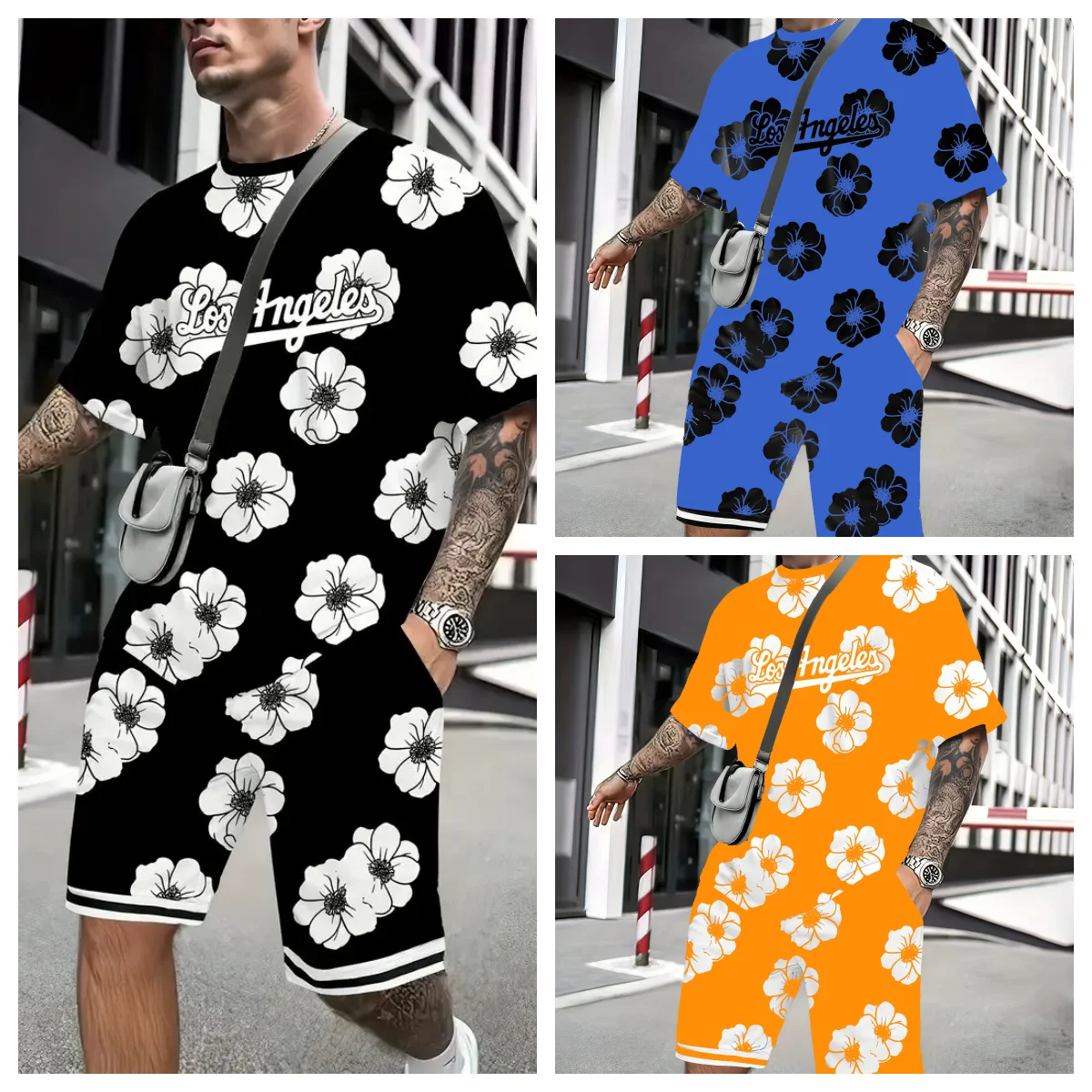 

2025 Summer beach pants casual Harajuku 3D Floral Pattern printed shorts vacation outdoor men's adult set Men's T-Shirts+Shorts
