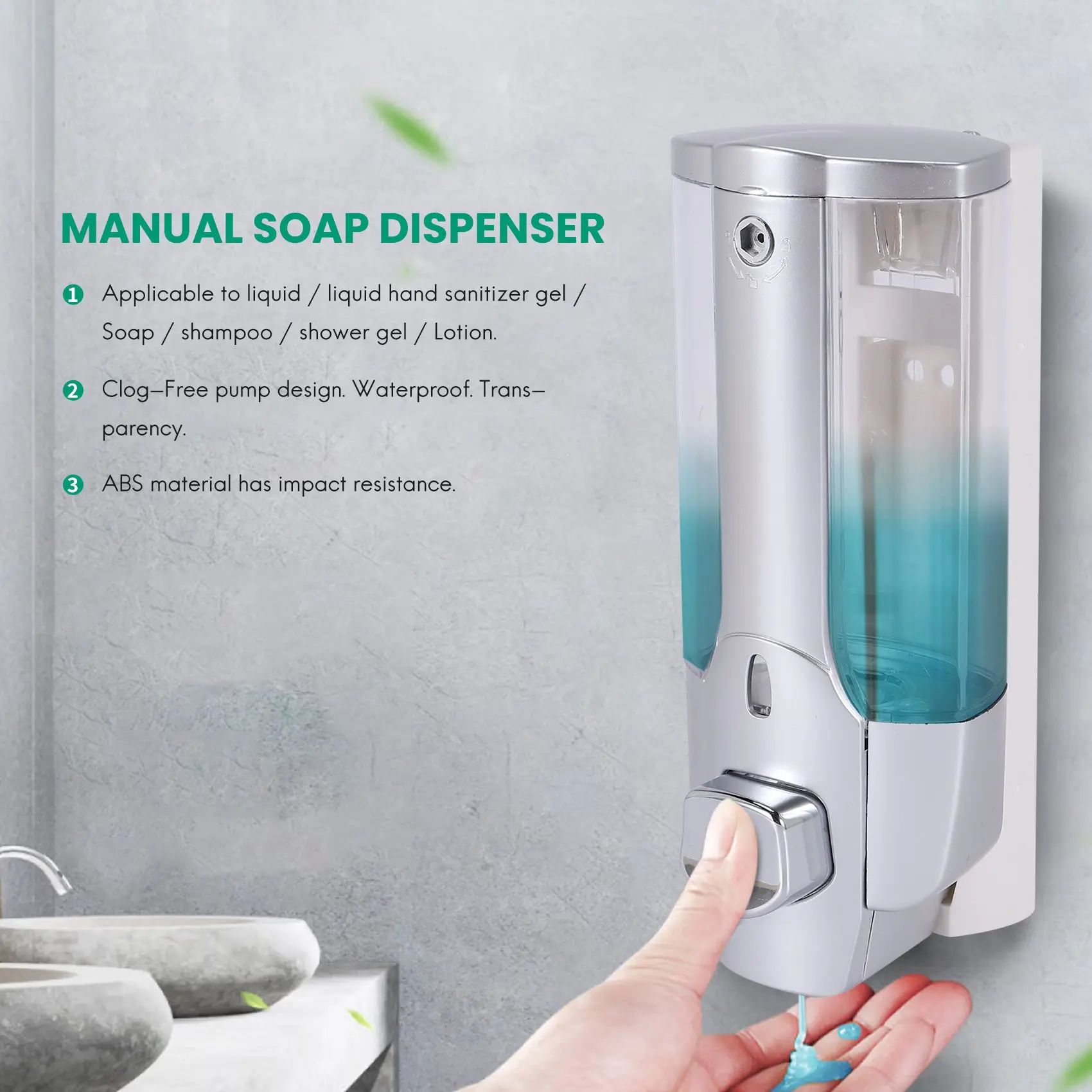 Dispenser sabun, Dispenser Tangan terpasang di dinding, Dispenser Gel tangan Manual 350Ml, Gel Mandi, Dispenser sampo untuk dapur