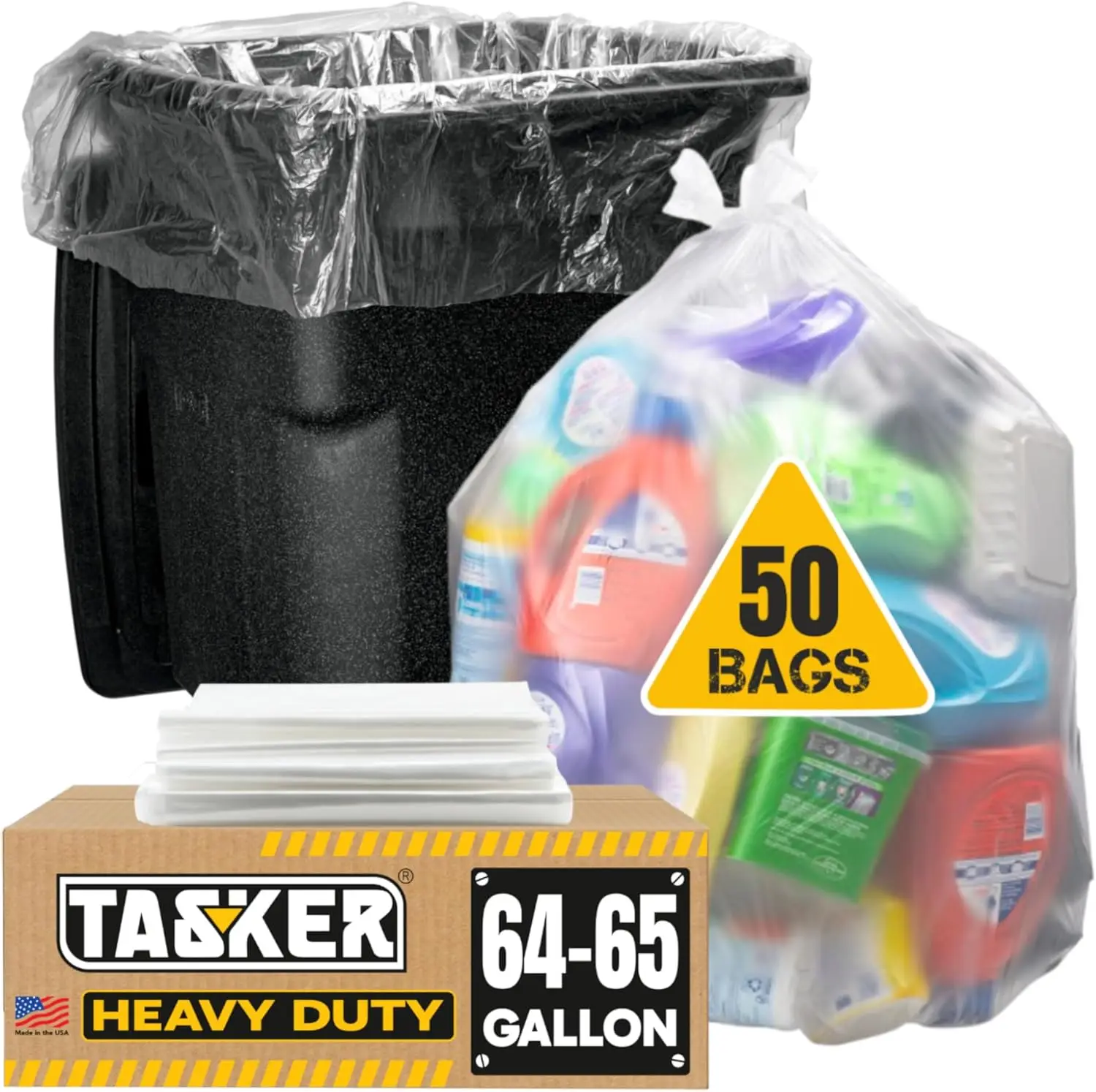 

65 Gallon Clear Trash Bags Heavy Duty (MegaPack 50 Bags w/Ties) 64 Gallon Extra Large Clear Plastic Recycling Garbage Bags