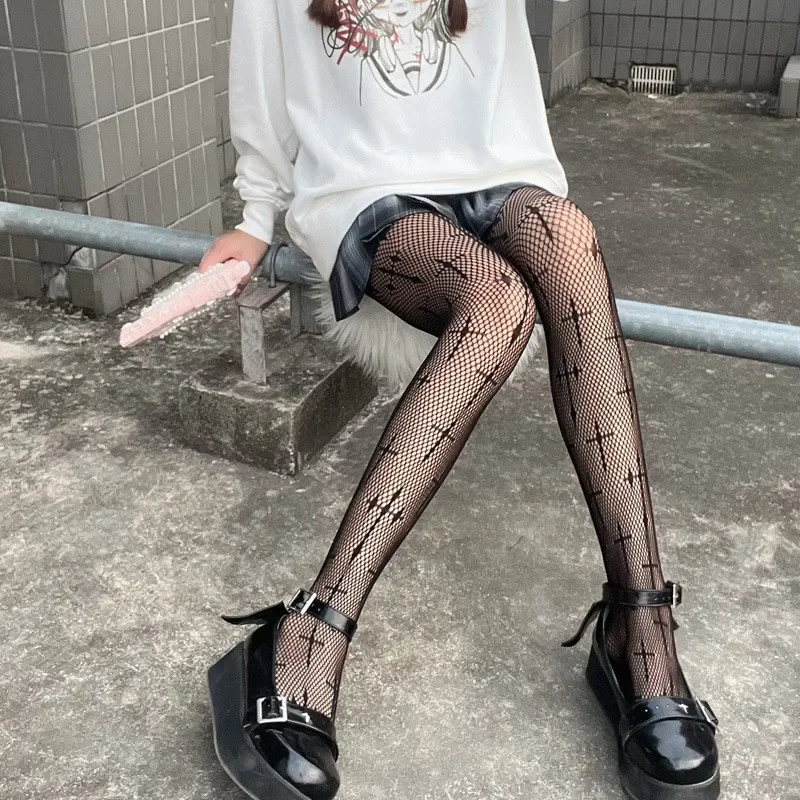 Collants gothiques Lolita pour filles, imprimés Crux, chaussettes longues en maille et Nylon pour femmes, bas de corps Sexy de fête, Costumes en résille