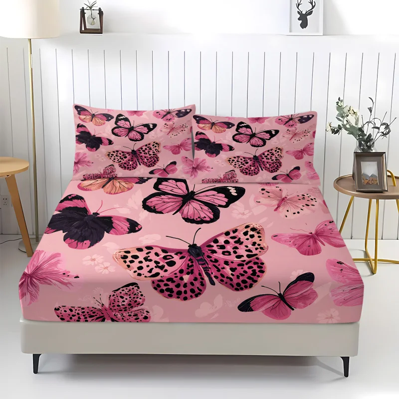 Pink Leopard Butterfly Fitted Sheet Set Deep 3D Print Bed Skin-friendly Girl Bedding Set Y2K Bedroom Decor Twin Queen King Size