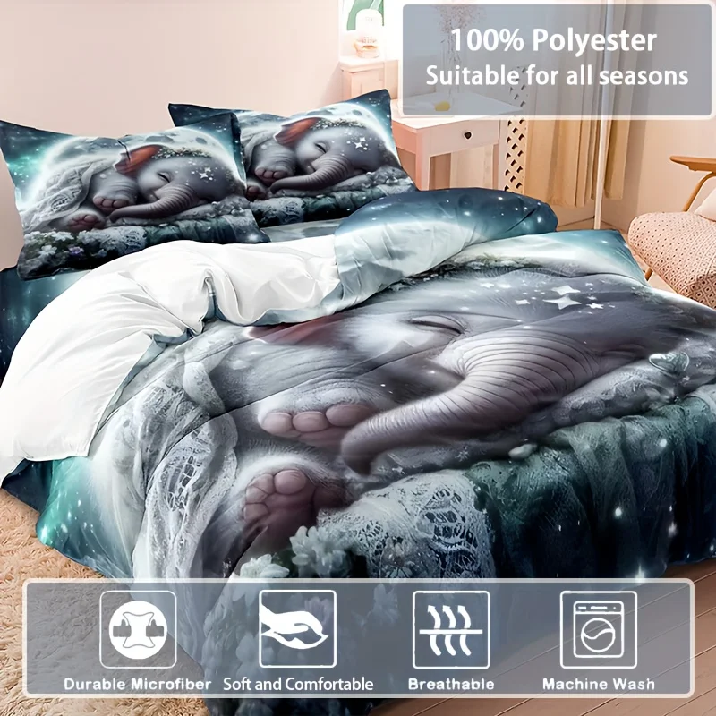 3pcs Elephant Duvet Cover Set (1 Duvet Cover + 2 Pillowcases, No Insert), Sleeping Elephant Print Bedding Set, Ultra Soft