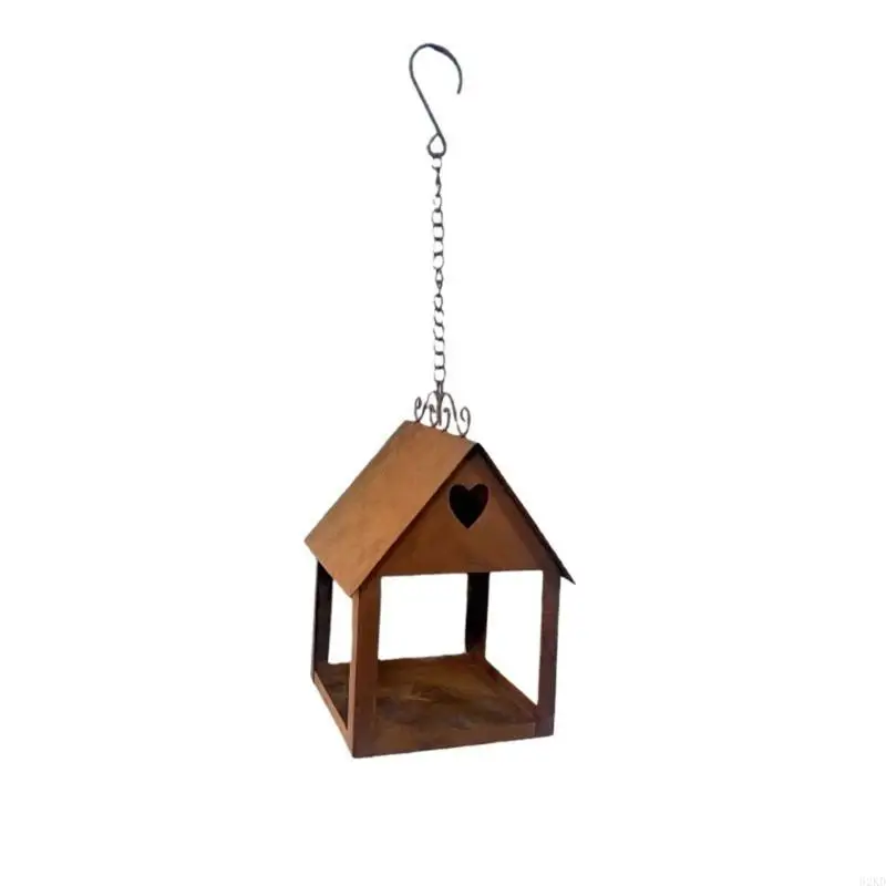 62KD Distressed Iron Heart Design Bird Feeder Shelter House For Wild Bird Observation Yard Balcony Hanging Feeding Station