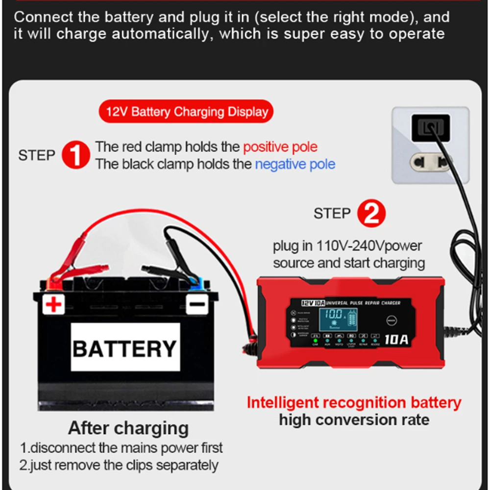 12V 10A Smart Car Battery Charger 14.6V 10A Electric Motorcycles Charger For Lifepo4 Lead Acid AGM GEL PB Lithium Battery Repair