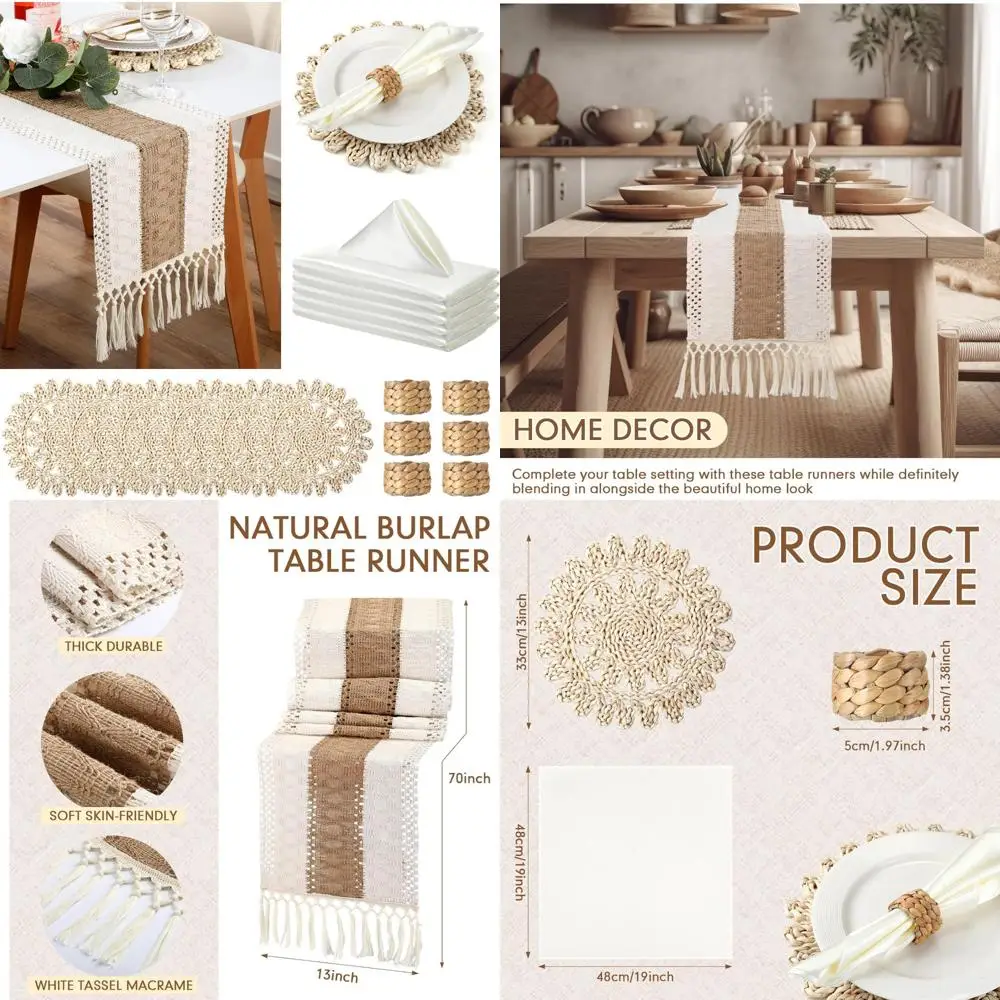 

19 Pcs Boho Table Runner Set Woven Macrame Table Runner Woven Round Placemats Napkin Ring Beige Satin Napkin Burlap Tassels Farm