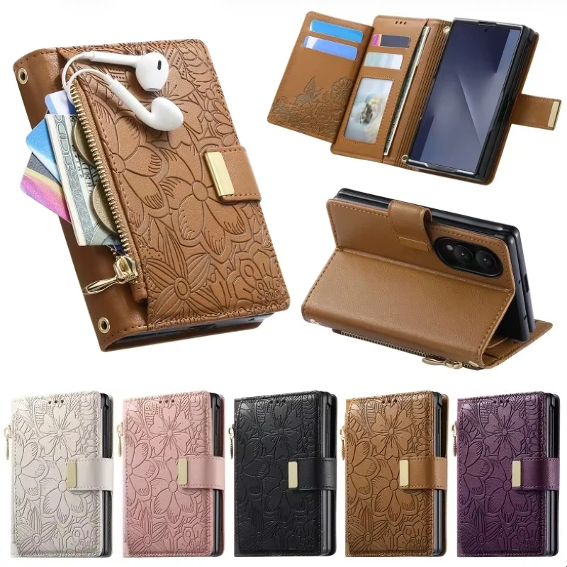 Leder-Geldbörse Kartenhalter Aufbewahrungsständer Hülle für Samsung Galaxy Z Fold 8 Ultra 7 6 5 4 Stoßfeste Reißverschluss-Magnet-Handyhülle