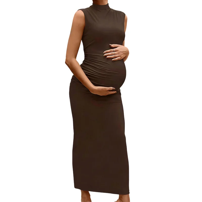 Elegant Pregnant Maternity Dress For Photo Shoot High Neck Solid Body Fitted Elastic Photography Prop Skirt For Women - view 4