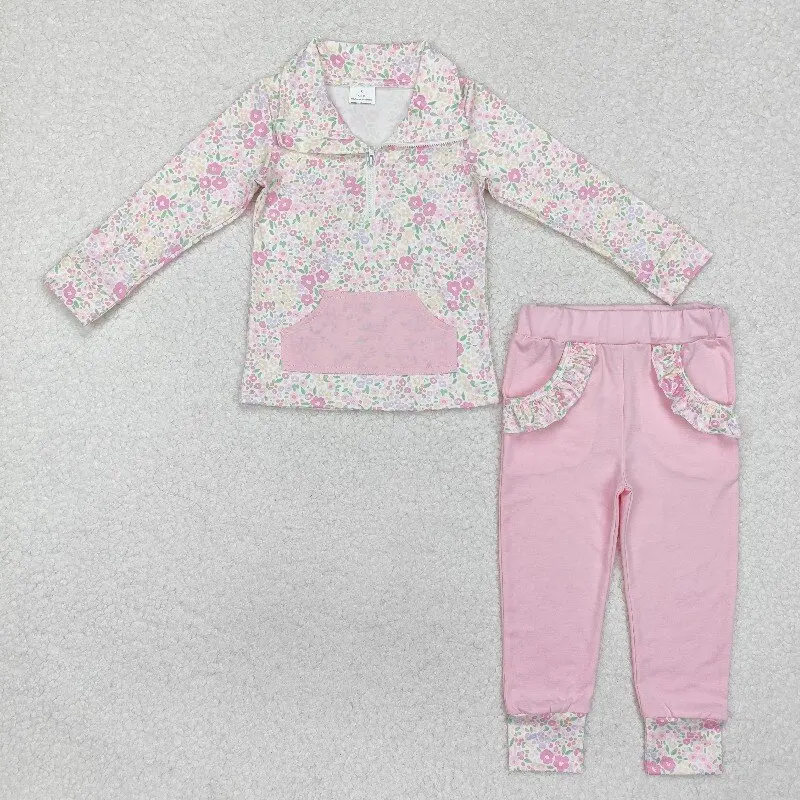 

X9.20 Wholesale Kids Clothing Set Spring Flower Floral Printed Pink Cute Little Girls Zipper Pullover Shirt 2 Piece Outfits