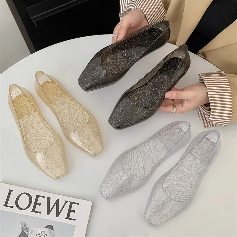 

Waterproof Sharp Pointed Crystal Shoes Spring Summer New Style Flat Bottom Head Light Mouth Women Work Shoes PVC Material Korean