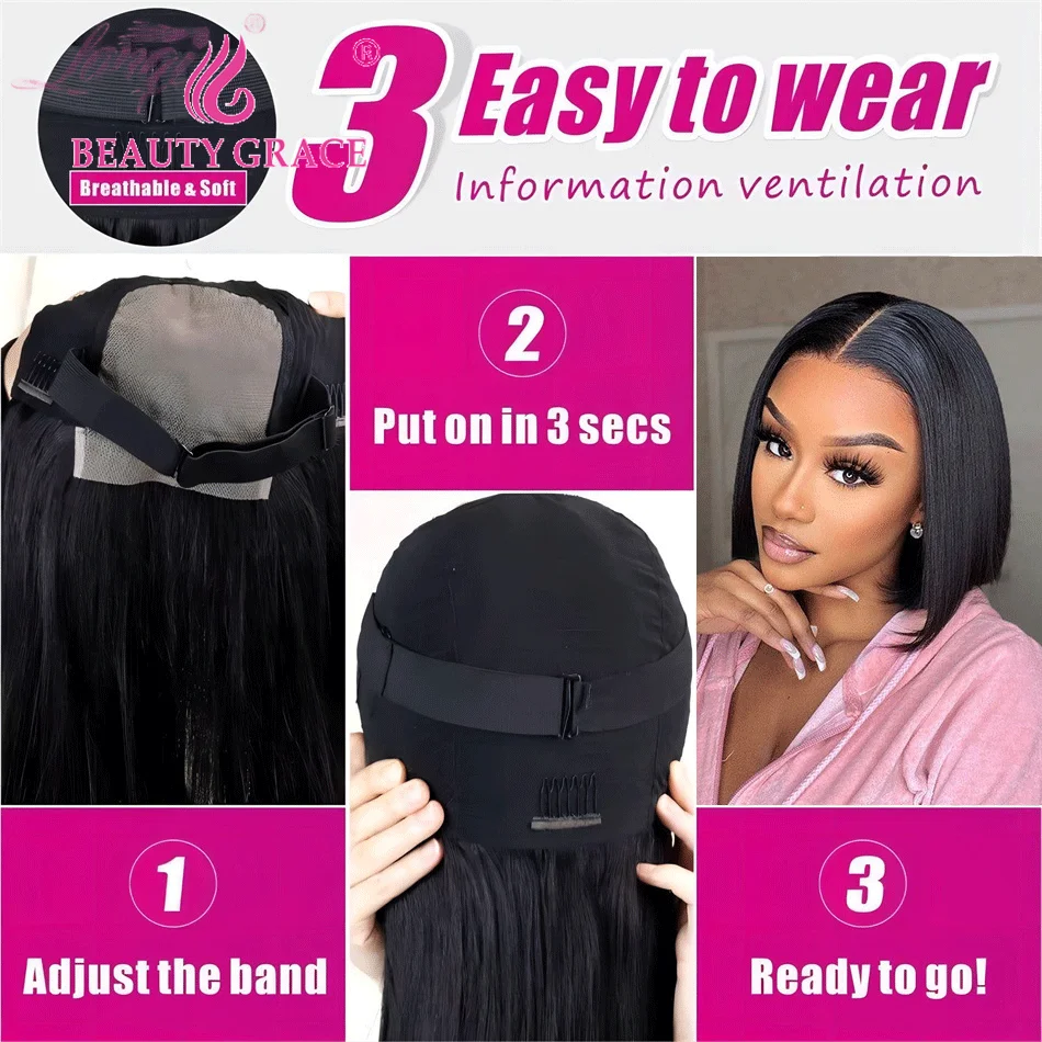 Glueless Wig Straight Bob Wig Lace 4x4 Lace Closure wigs Glueless Preplucked Human Wigs Human Hair Pre Cut Wigs Easy to Wear