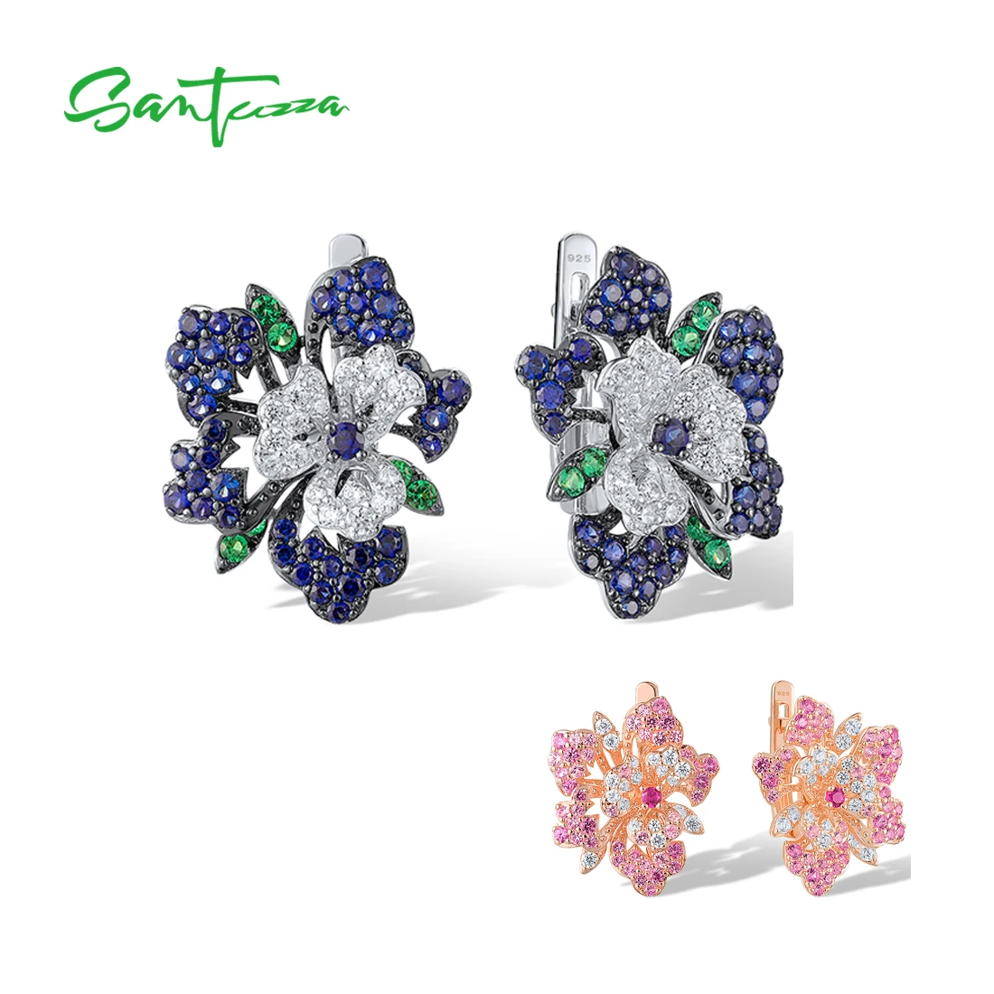 

Серьги SANTUZZA из чистого серебра 925 пробы для женщин, сверкающие сине-розовые серьги с цветком из шпинели, нежные подарки, изысканные ювелирные изделия
