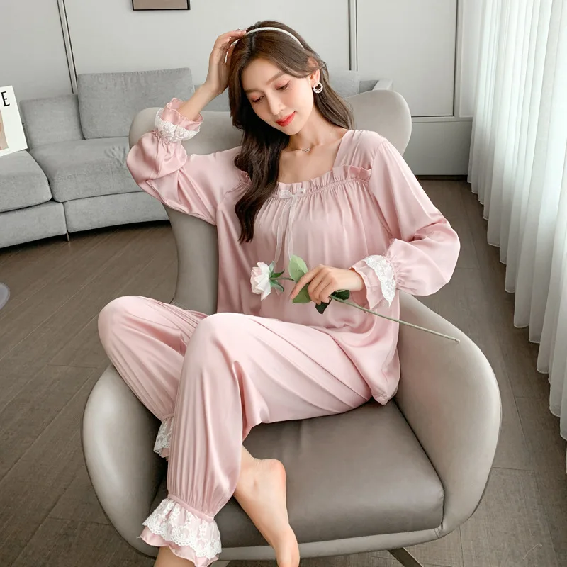 

Sweet Pink Ruffle Lace Pajamas Set Spring Autumn Long Sleeve Trouser Pijamas Suit Casual Thin Satin Women Sleepwear Home Clothes