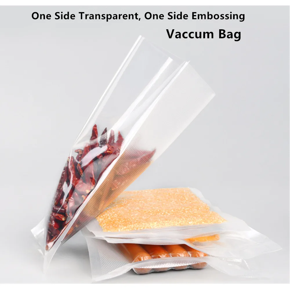100 Uds. Bolsas selladas al vacío con estampado transparente de un lado-paquete de mantenimiento de alimentos frescos bolsa hermética de preservación para carne, caja fuerte para congelador
