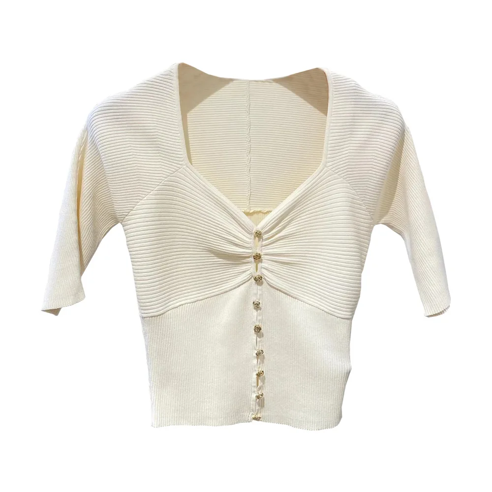 

Women's Clothing Two-color Knitted Tops with Floral Buttons and Decorative V-neck Slim Short Short Style for Women 25 New Autumn