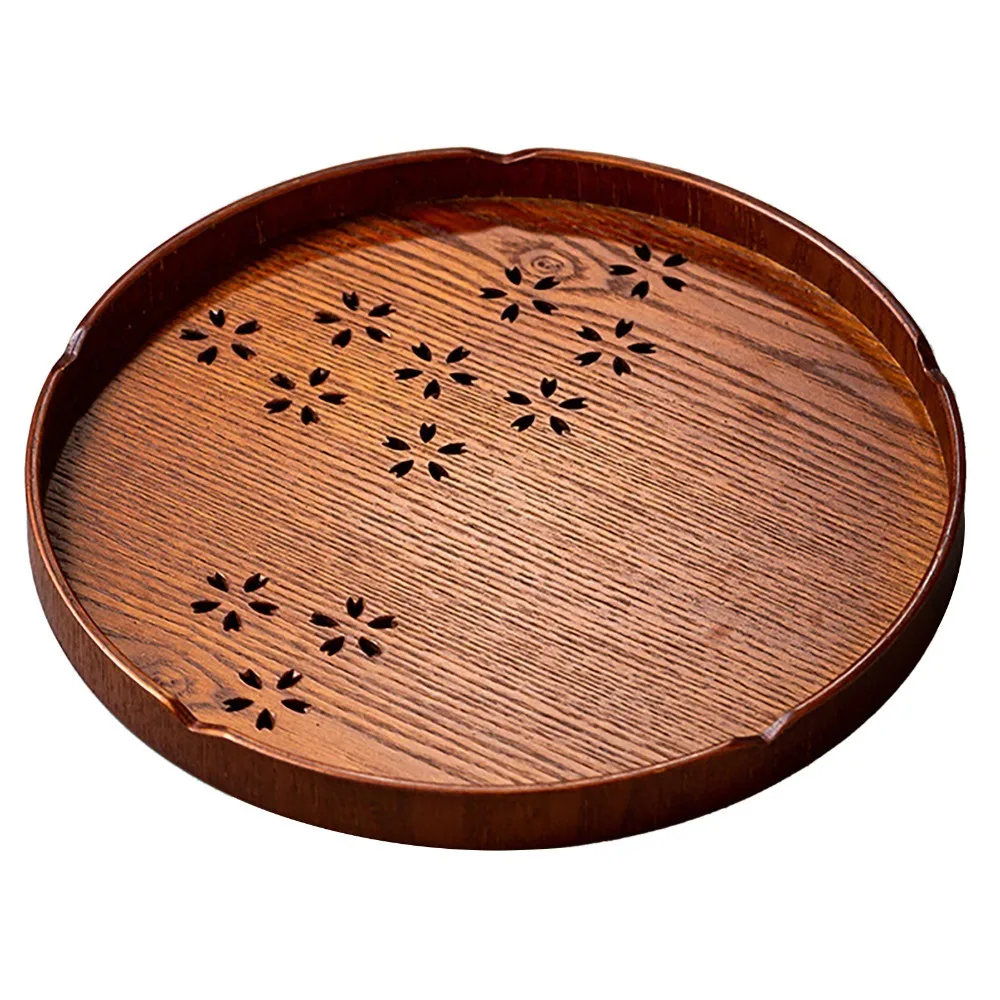 Round Shape Tea Serving Tray Wooden Material Smooth Surface Cherry Blossom Tray 27cm Diameter Cutout Design Round Tea Tray