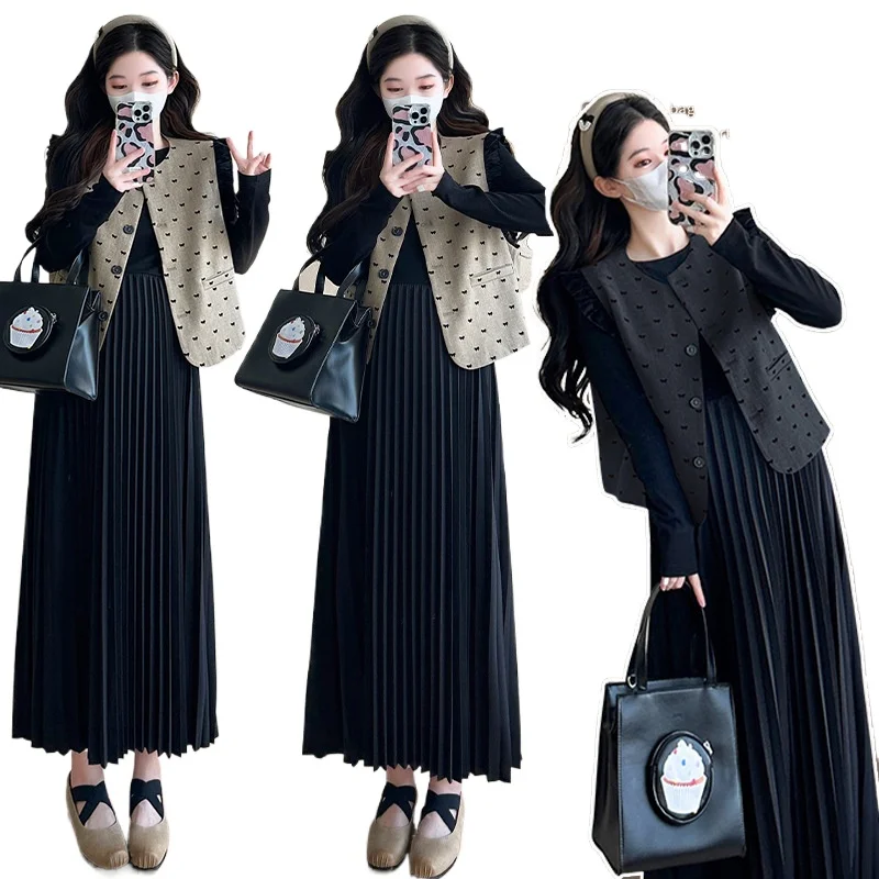 

2025 Vintage Pregnancy Outfit Long Vest Coat with Maxi Dress Retro Maternity Two Piece Set Elegant Comfortable Classic