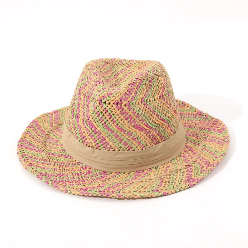 Fashion Multicolored Yarn Woven Straw Hat Foldable Soft Structure Breathable Seaside Vacation Daily Sun Hat