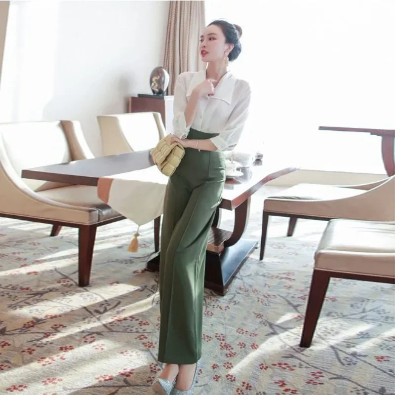 Ladies Trouser Professional Wide Leg Shirt Wear To Work Women's Blouse and Pants Two Piece Set Office Sexy Classy with Sleeve D